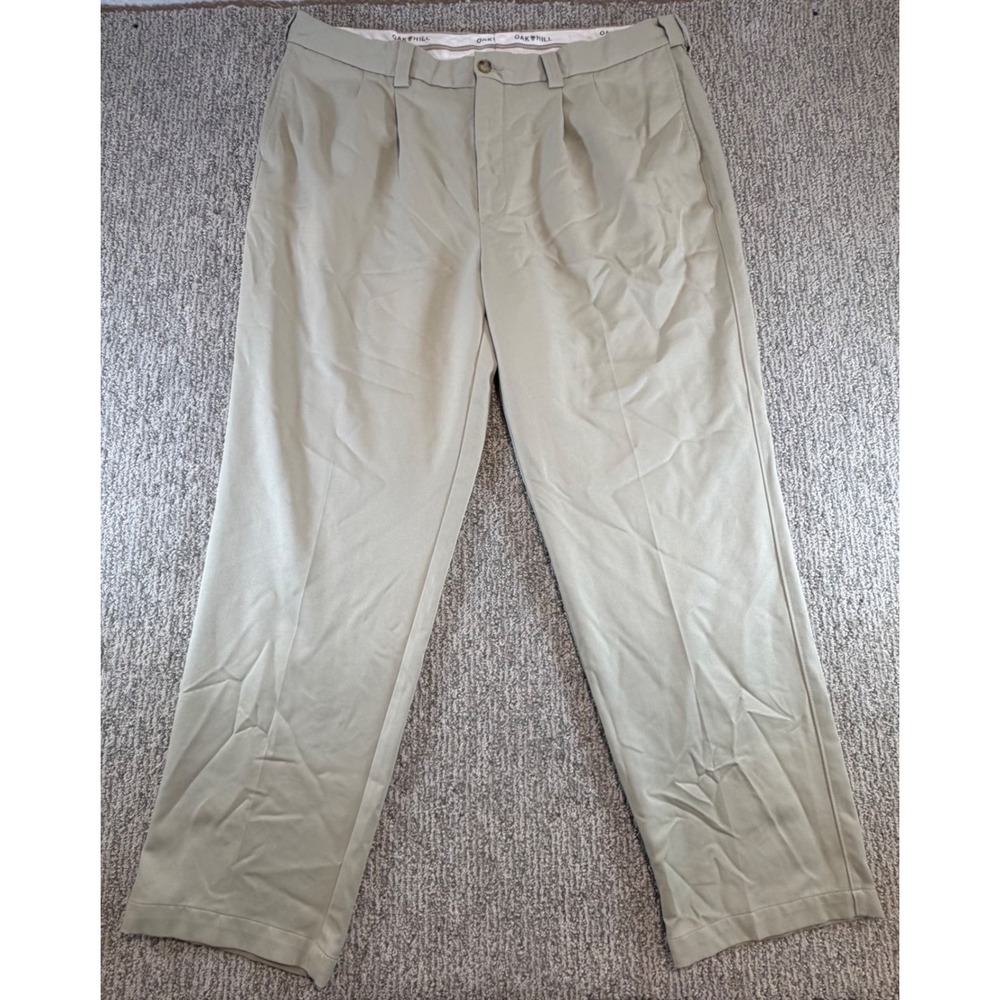 Oak Hill Dress Pants Men 44x32 Khaki Tan Pleated Front Polyester Trousers